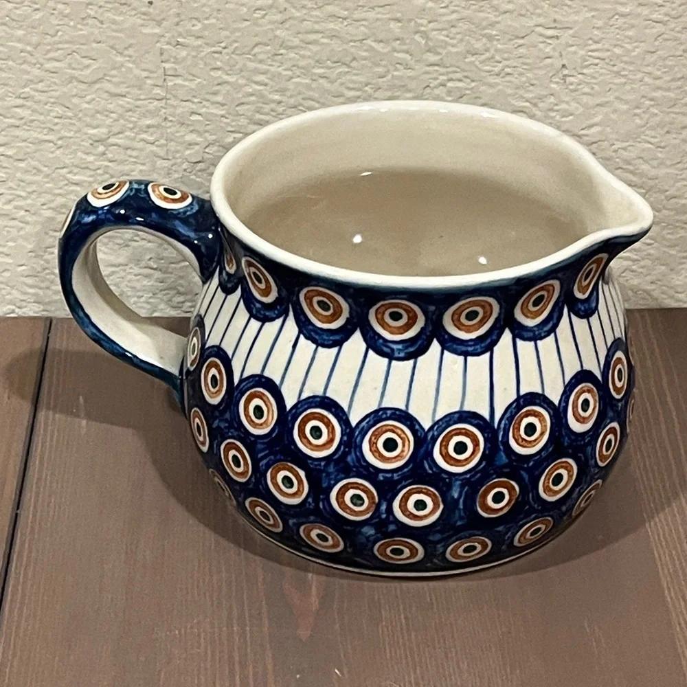 Williams Sonoma Polish Pottery Pitcher Jug Boleslawiec Ceramic Folk Art Peacock